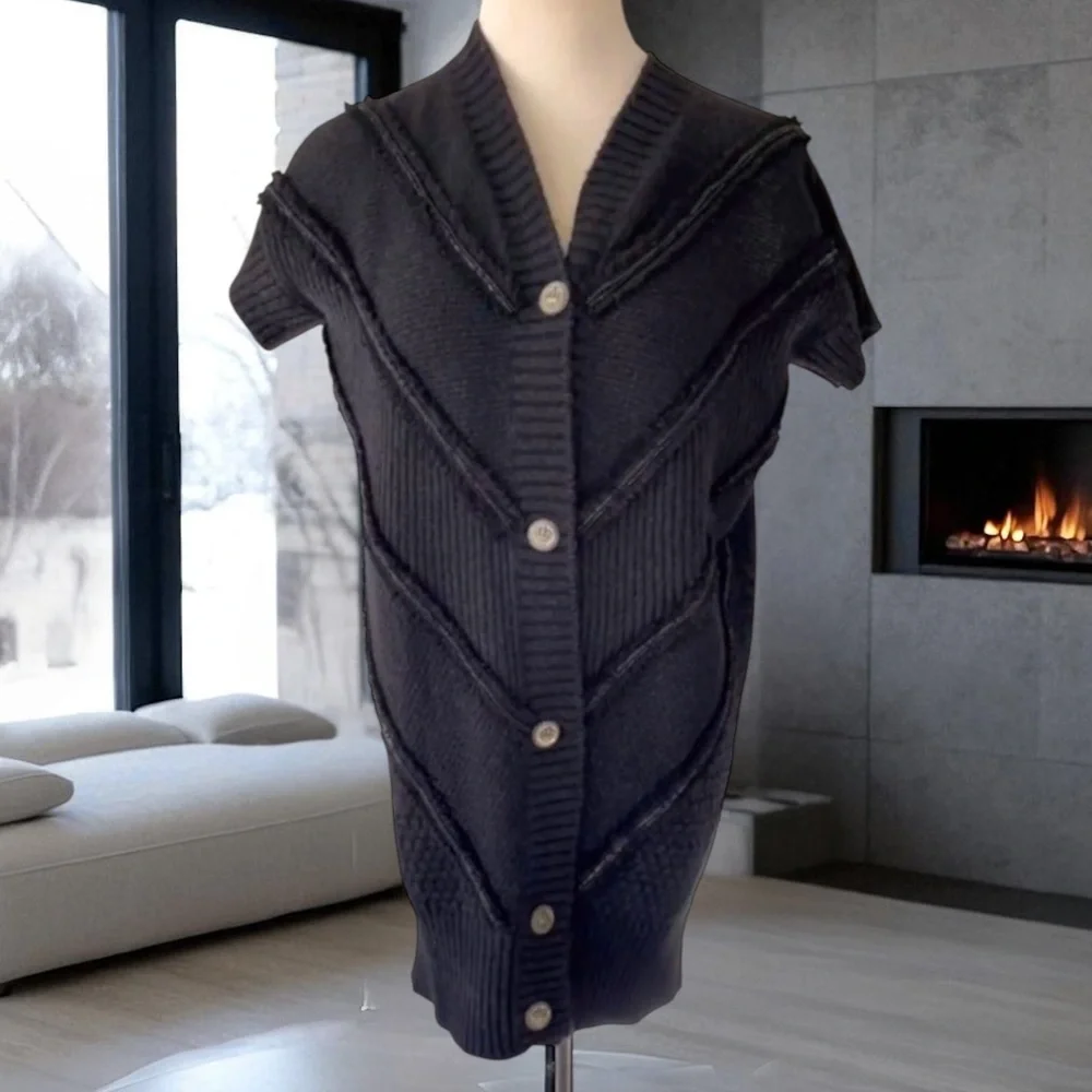 CHANEL Charcoal Grey Signature Button Short Sleeve Cardigan Sweater